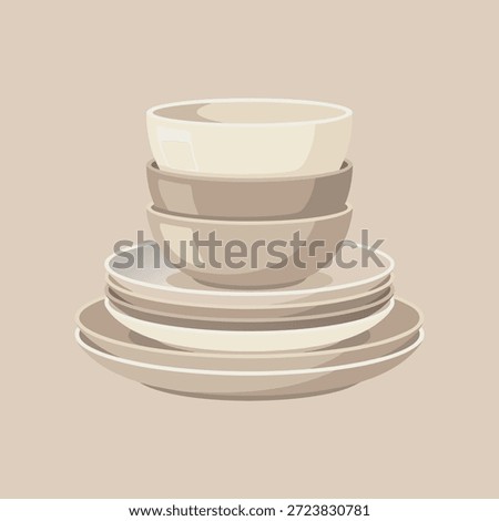 A neat stack of neutral-colored ceramic bowls and plates, creating a clean and organized kitchenware arrangement.