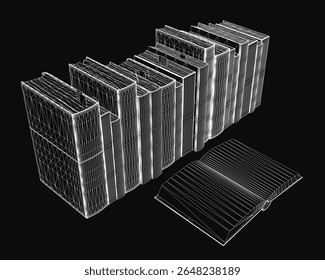 Uma pilha elegante de livros brancos sobre um fundo preto, com o topo ligeiramente inclinado para o interesse visual. A composição limpa e minimalista apresenta contraste nítido entre as capas brilhantes e escuras.