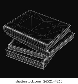 Uma pilha elegante de livros brancos se posiciona contra um fundo preto, com um modelo 3D de livros em primeiro plano. O livro superior é levemente inclinado, criando interesse visual.