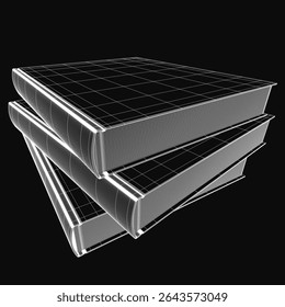 A neat stack of white books with the top one slightly tilted, standing out against a black background. The 3D model features clean edges and a minimalist aesthetic, ideal for educational or literary.