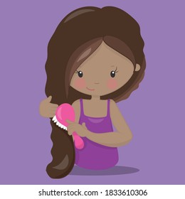 Neat and Tidy Girls Combing Vector Illustration