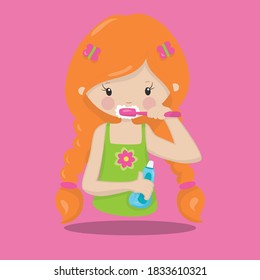 Neat and Tidy Girls Orange Girl Brushing Teeth Vector Illustration