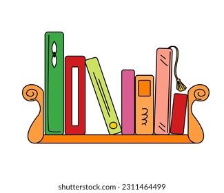 Neat wooden bookshelf with various books carefully put on it in order. Colorful book backs, with different designs. Doodle, sketch in retro colors with black outline, single isolated design element