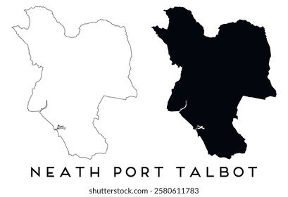 Neath Port Talbot map outline and black silhouette vector