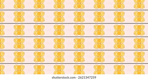 A neatly aligned pattern of orange slices and citrus clusters on a soft peach backdrop, divided by thin horizontal lines.