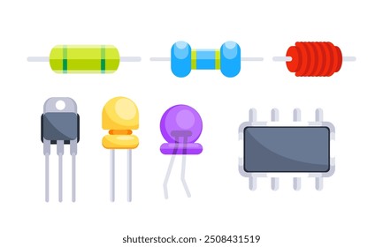 Neatly arranged electronic components on white background showcase intricate technology and circuitry, from resistors to transistors