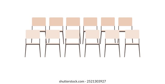 Neatly arranged modern wooden chairs with thin metal legs in two rows on a white background. Ideal for office settings, classroom designs, minimalist photography, interior decor designs, and