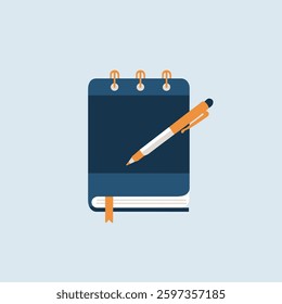 A neatly arranged notebook and pen placed on a desk, isolated on a plain background, symbolizing productivity and organization.