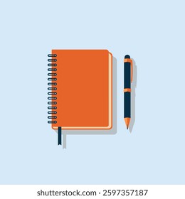 A neatly arranged notebook and pen placed on a desk, isolated on a plain background, symbolizing productivity and organization.