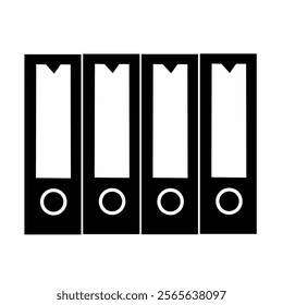 Neatly arranged office document binder files isolated on white background. Flat style black stationery business icon with ring folders illustration.