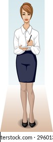 Neatly dressed female secretary standing with a writing pad in her hands