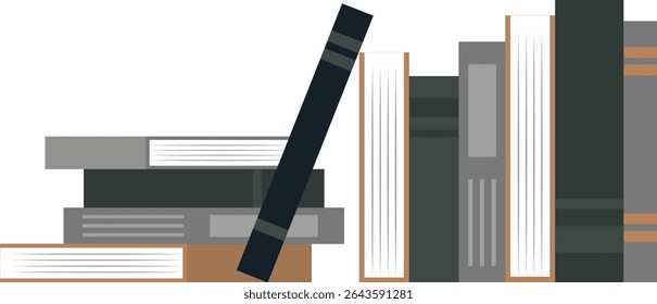 A neatly organized collection of books, both stacked and upright, showcasing various sizes and subtle color tones.