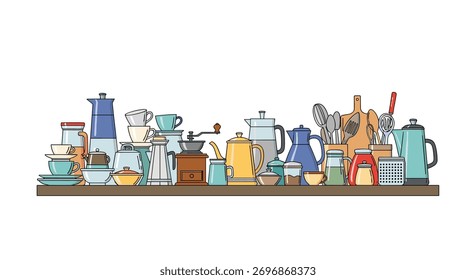 A neatly organized collection of colorful kitchenware, including coffee pots, teapots, cups, and cooking utensils, arranged on a wooden shelf, depicting a modern kitchen setup.