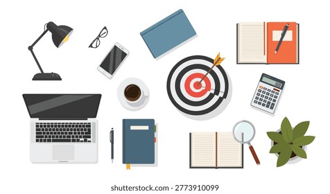 A neatly organized desktop flat lay features a laptop, a target with an arrow, notebooks, a coffee mug, and various office supplies on a clean white surface.