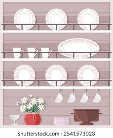 Neatly organized kitchen shelf displaying decorative plates, cups, bowls, and a flower vase. Ideal for home decor, kitchen organization, interior design, culinary themes, and lifestyle inspiration