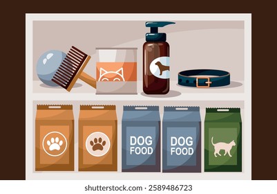 A neatly organized shelf in a pet store featuring colorful collars, toys, and food bags