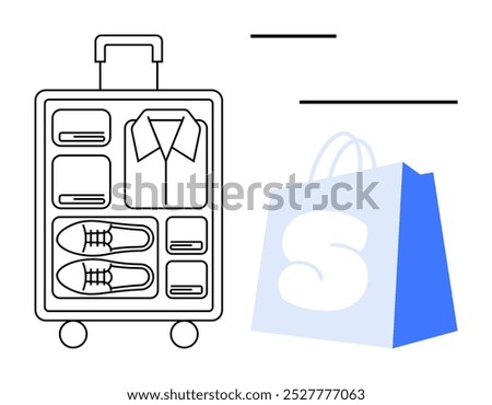 Neatly packed suitcase with clothes and shoes, next to blue and white shopping bag. Ideal for travel planning, organization tips, packing guides, shopping themes, lifestyle