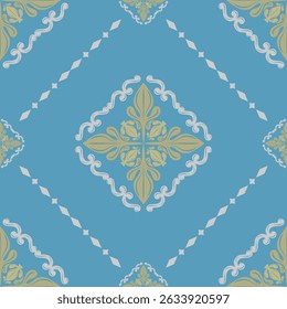 Neatly Seamless Pattern with Scroll Ornament Royal Design Gold Silver on Blue Background Damask Victorian Design for all kind of Luxury Decoration as Wallpaper Textiles Fabrics Bedding Fashion Apparel
