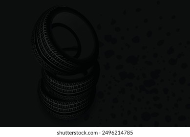 Neatly stacked black tires on teal background with skid marks. Perfect for automotive concepts, with modern design and bold colors for customization