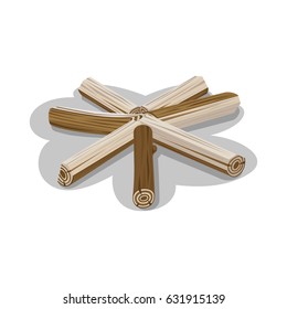 Neatly stacked logs in circle shape to make a fire. Firewood with shadow on white background. Elements to start bonfire isolated vector illustration of natural materials that can be used in campfire