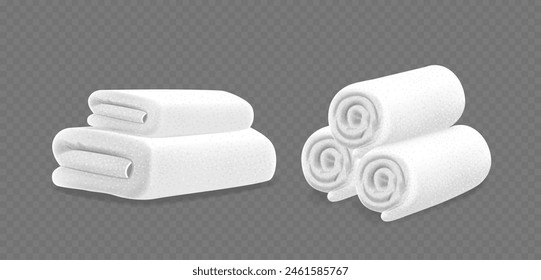 Neatly Stacked And Rolled White Terry Towels Isolated On A Transparent Background. Realistic 3d Vector Household Textile