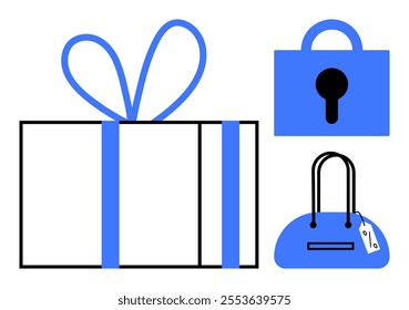 A neatly wrapped gift box with a blue ribbon next to a blue lock and a stylish handbag. Ideal for themes such as security, fashion, shopping, gifts, and celebrations. Simple modern style