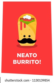 Neato Burrito Pun Poster Vector Illustration in Flat Style Line Art