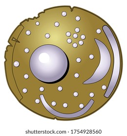 Nebra Sky Disk As Golden Brooch With Pearls. Jewelry Design. Ancient Artifact From Germany. Bronze Age Unetice Culture. Isolated Vector Illustration. 