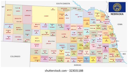 Nebraska Administrative Map Flag Stock Vector (Royalty Free) 323031188 ...