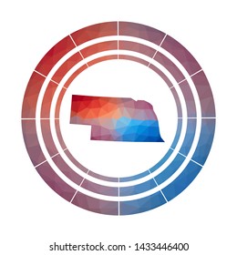Nebraska badge. Bright gradient logo of US state in low poly style. Multicolored Nebraska rounded sign with map in geometric style for your infographics.