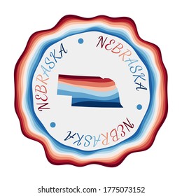 Nebraska badge. Map of the US state with beautiful geometric waves and vibrant red blue frame. Vivid round Nebraska logo. Vector illustration.