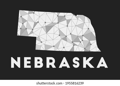 Nebraska - communication network map of US state. Nebraska trendy geometric design on dark background. Technology, internet, network, telecommunication concept. Vector illustration.