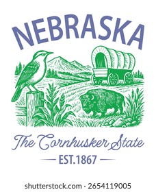 Nebraska The Cornhusker State - Estados Unidos Estado Cityscape T-shirt Vetor, Ícones americanos de referência, Vintage Estados Cityscape Camisa, Retro Travel City Art, Estados Landmark Citações, Estado de férias Ilustração
