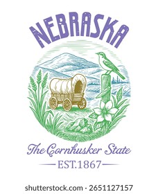 Nebraska The Cornhusker State - US State Vintage T-shirt Vector, USA States Cityscape Landmark Icons, American State Typography Shirt, USA Skyline Clipart, Retro travel city illustration