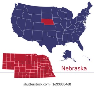 Nebraska counties vector map with USA map colors national flag