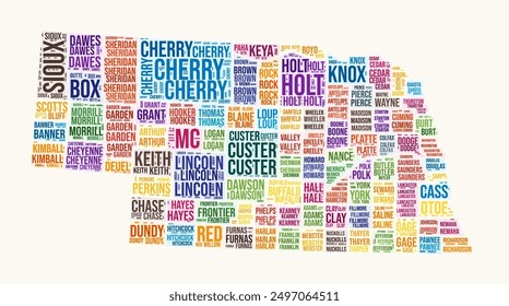 Nube de palabras del condado de Nebraska. Diseño de logo estatal. Imagen de Vector de estilo de tipografía de condados. Nube de texto coloreada de Nebraska. Ilustración vectorial con estilo.