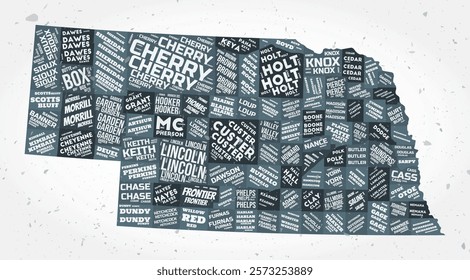 Nebraska counties word clouds. State shape on textured background. Nebraska design in typographic style. Artistic vector illustration.