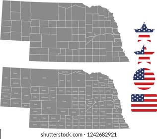 Nebraska county map vector outline in gray background. Nebraska state of USA map with counties names labeled and United States flag icon vector illustration designs