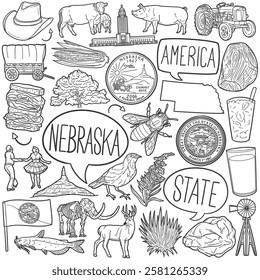 Nebraska Doodle Icons Black and White Line Art. USA State Clipart Hand Drawn Symbol Design.