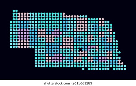 Nebraska dotted map. Digital style map of the state on dark background. Nebraska shape with circle dots. Colored dots style. Large size circles. Trending vector illustration.