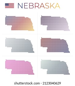 Nebraska dotted map set. Map of Nebraska in dotted style. Borders of the us state filled with beautiful smooth gradient circles. Captivating vector illustration.