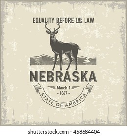 Nebraska Equality Before the Law, stylized emblem of the state of America, deer, vintage