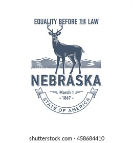 Nebraska Equality Before the Law, stylized emblem of the state of America, deer, blue color