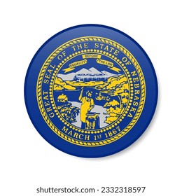 Nebraska flag circle button icon, US state round badge with shadow. 3D realistic vector illustration isolated on white.