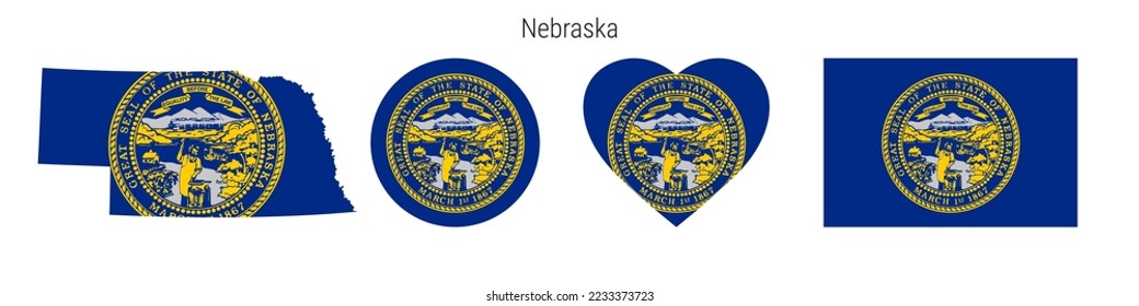 Nebraska flag icon set. American state pennant in official colors and proportions. Rectangular, map-shaped, circle and heart-shaped. Flat vector illustration isolated on white.