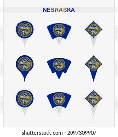 Nebraska flag, set of location pin icons of Nebraska flag. Vector illustration of national symbols.