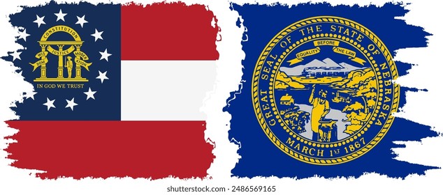 Nebraska and Georgia states grunge brush flags connection, vector