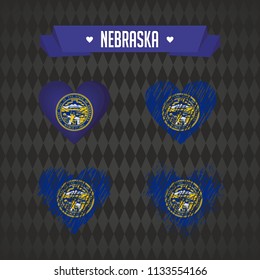 Nebraska heart with flag inside. Grunge vector graphic symbols