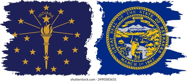 Nebraska and Indiana states grunge brush flags connection, vector