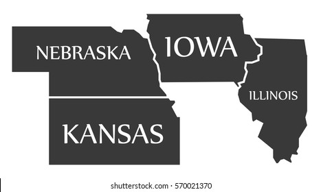 Nebraska - Kansas - Iowa - Illinois Map labelled black illustration